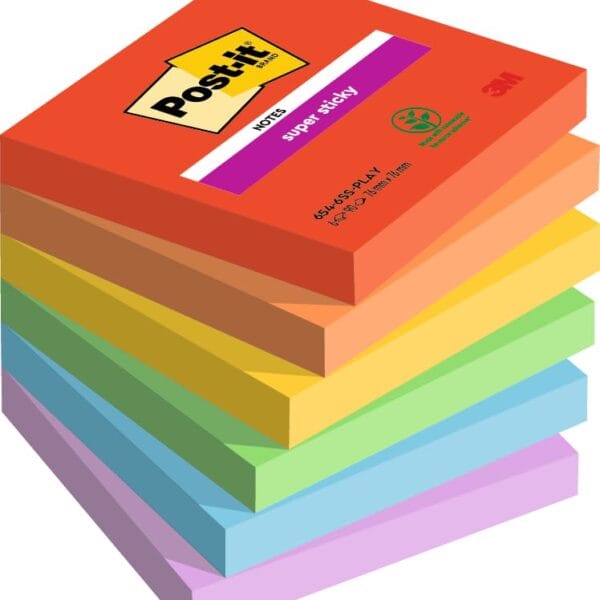 POST-IT Super Sticky Playful 76x76mm 654-6SS-PLAY 6-farbig ass./6x90 Blatt