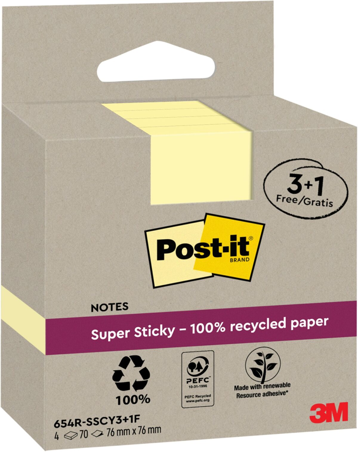 POST-IT SuperSticky Notes 76x76mm 654 RSSCY 3+1F Recycling,gelb 4x70 Blatt – Hochwertig & günstig bei ShopDeca