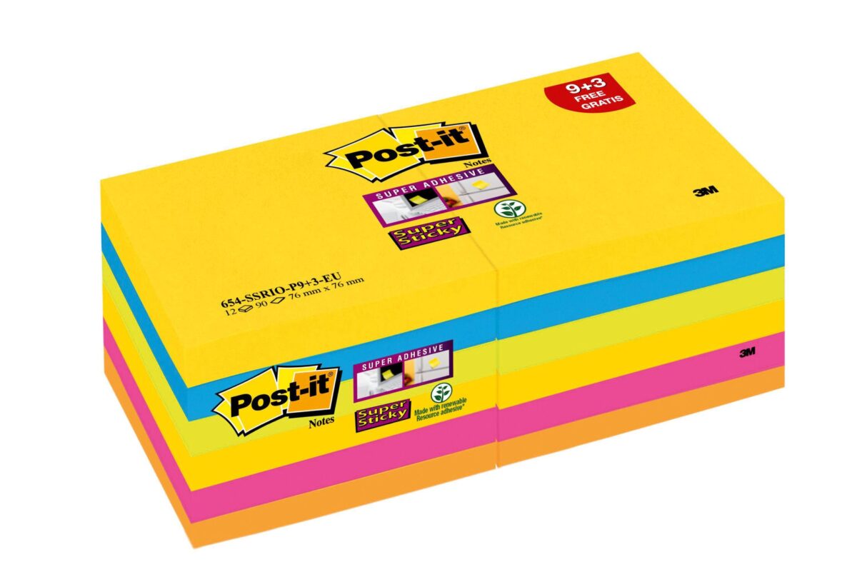 POST-IT Super Sticky Notes 76x76mm 654-SS-CARN-P8+4 Carnival 5 farben 12x90 Blatt – Hochwertig & günstig bei ShopDeca
