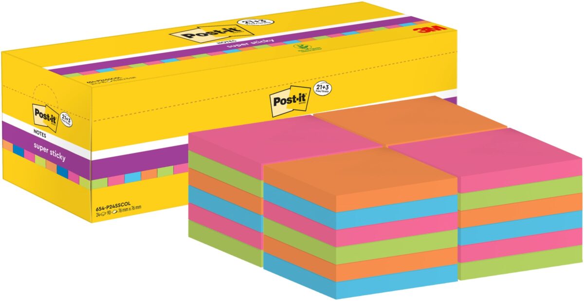 POST-IT Super Sticky Notes 76x76mm 654SE24 24 Farben 24 x 90 Blatt – Hochwertig & günstig bei ShopDeca
