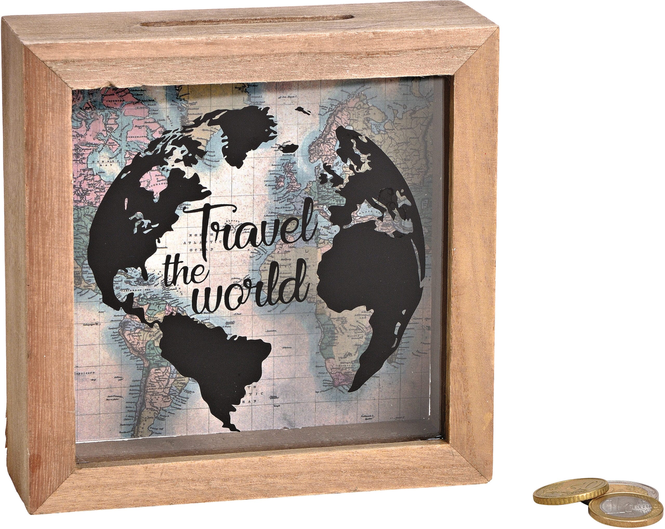 ROOST-10040874-4007698053857 ROOST Sparkasse Travel the World 10040874 Holz, Glas 15x15x5cm – Hochwertig & günstig bei ShopDeca