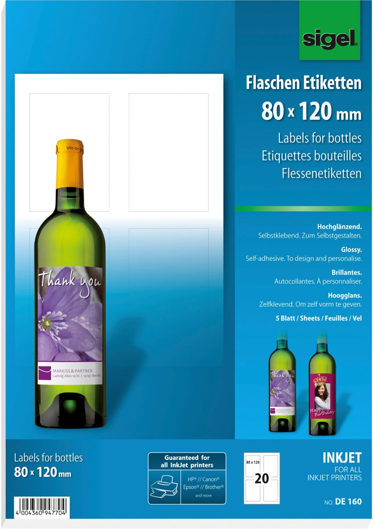 SIGEL Flaschenetiketten 80x120mm DE160 85g 20 Stück – Hochwertig & günstig bei ShopDeca