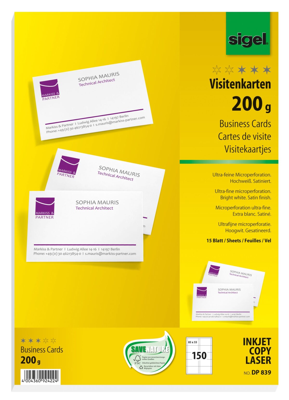 SIGEL Visitenkarten 85x55mm DP839 weiss, 200g doppels. 150 Stück – Hochwertig & günstig bei ShopDeca