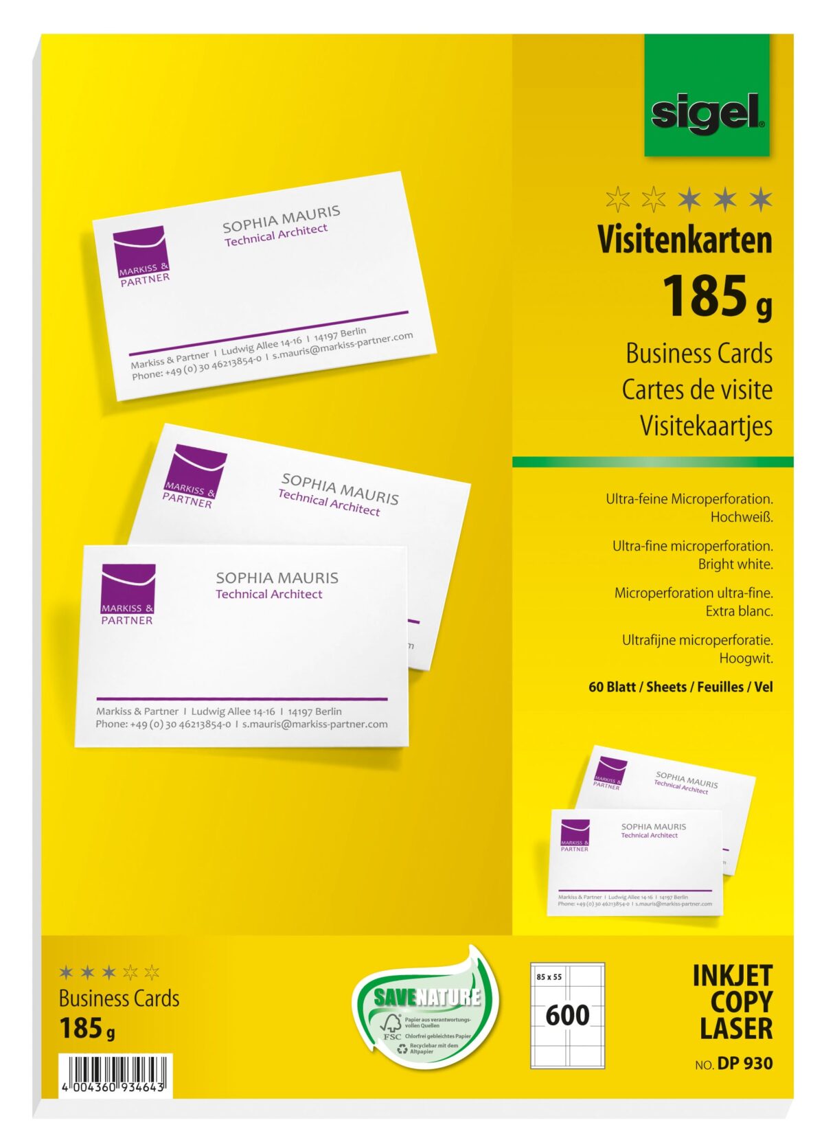 SIGEL Visitenkarten 85x55mm DP930 weiss, 185g doppels. 600 Stück – Hochwertig & günstig bei ShopDeca