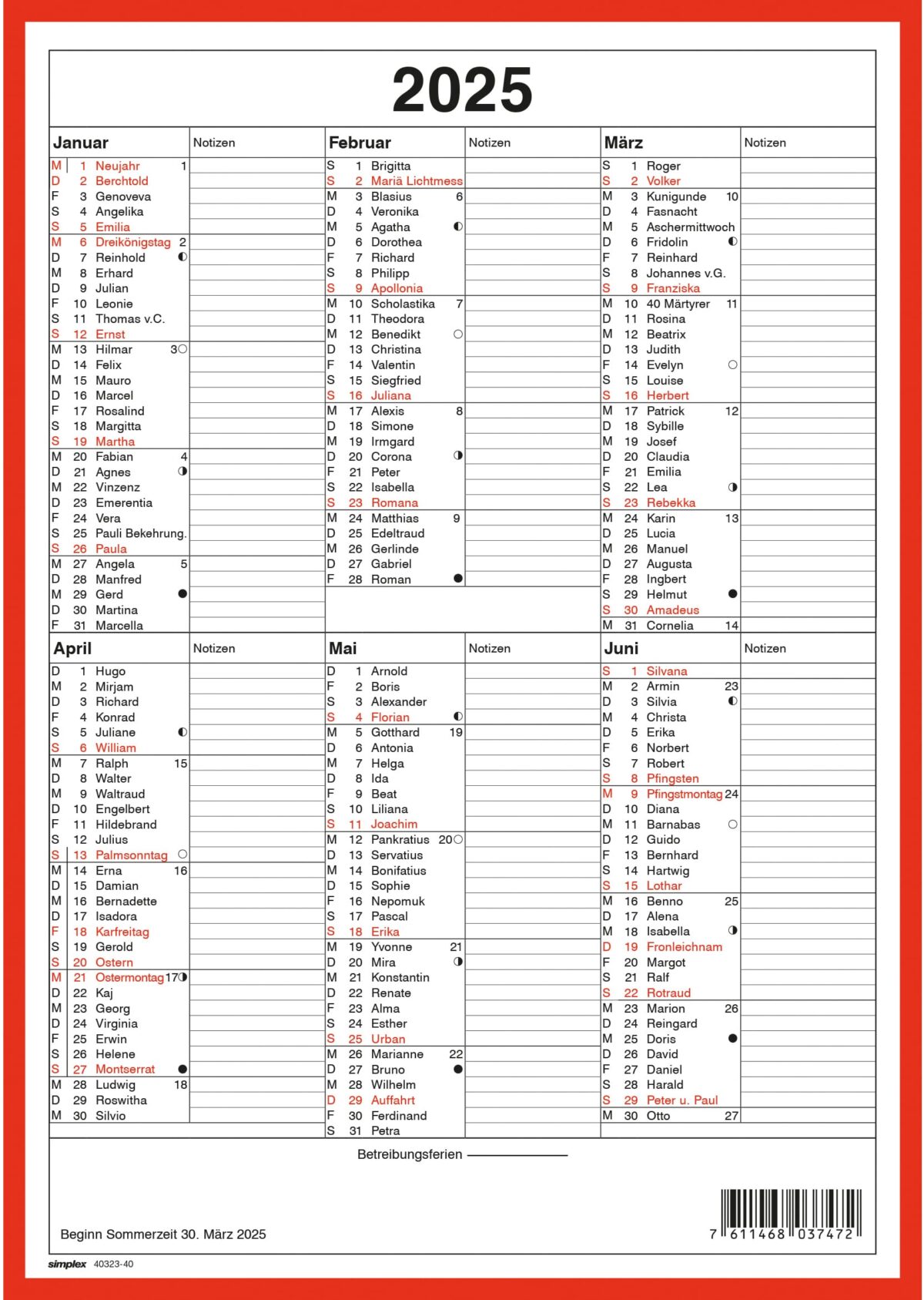 SIMPLEX Wandkalender m.Namenstag 2025 4032340.25 6M/1S rot/weiss DE A4 – Hochwertig & günstig bei ShopDeca