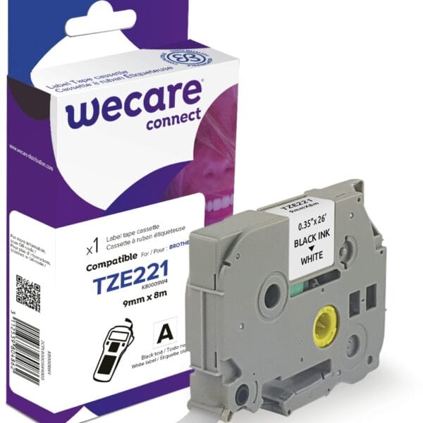 WECARE Band, laminiert schwarz/weiss TZe-221WE ersetzt Ptouch TZe-221 9mm