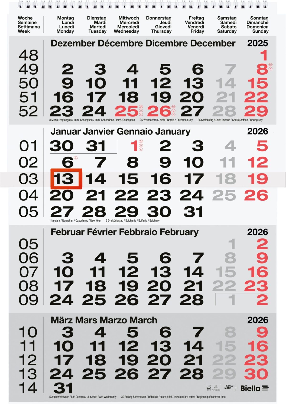 BIELLA 4-Monatskalender Wire-O 2026 889040000026U 4M/1S grau ML 31x47cm – Hochwertig & günstig bei ShopDeca