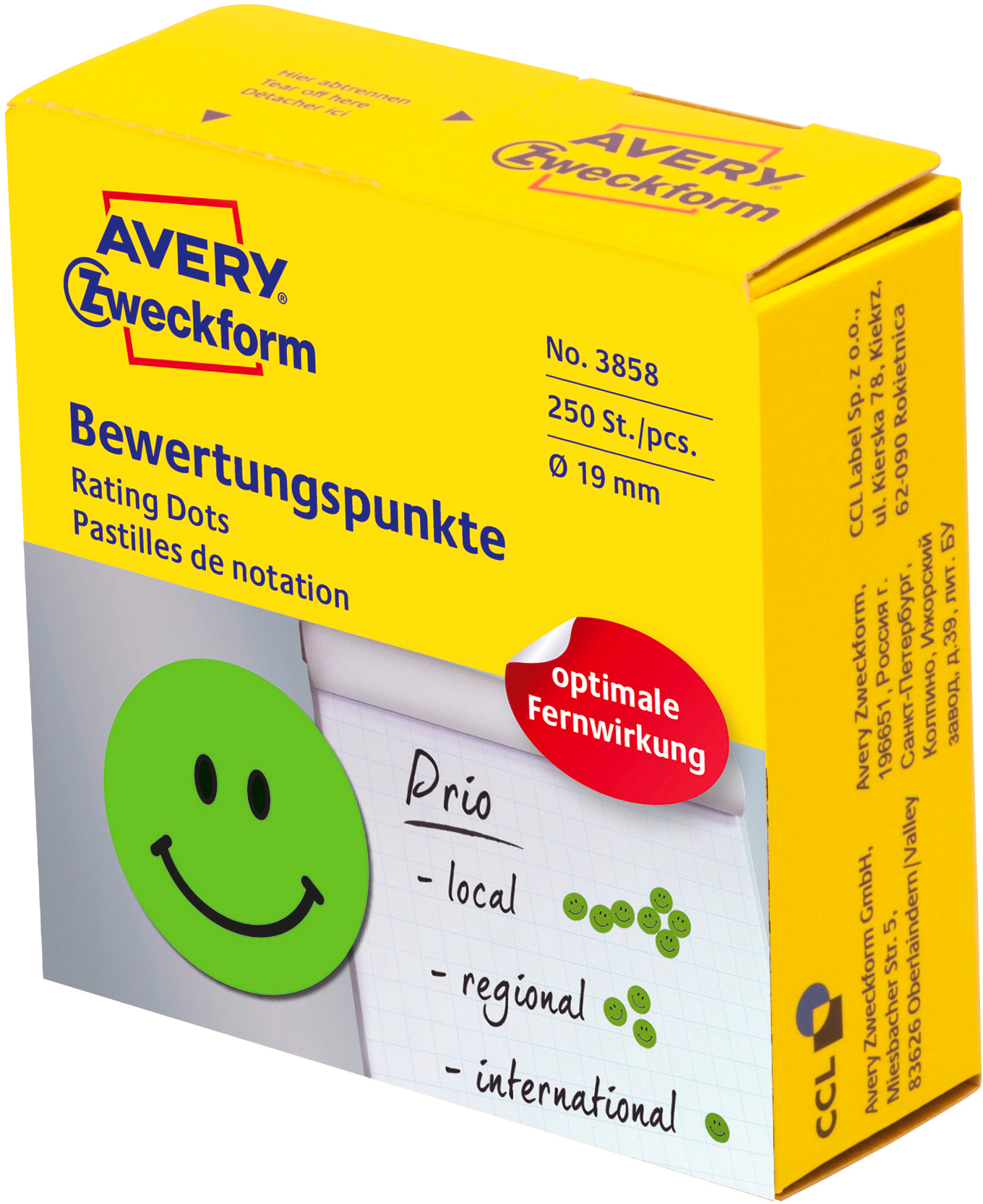 AVERY-ZWECKFORM-3858-4004182038581 AVERY ZWECKFORM Bewertungspunkte Gesicht 19mm 3858 grün, Spender 250 Stück – Hochwertig & günstig bei ShopDeca