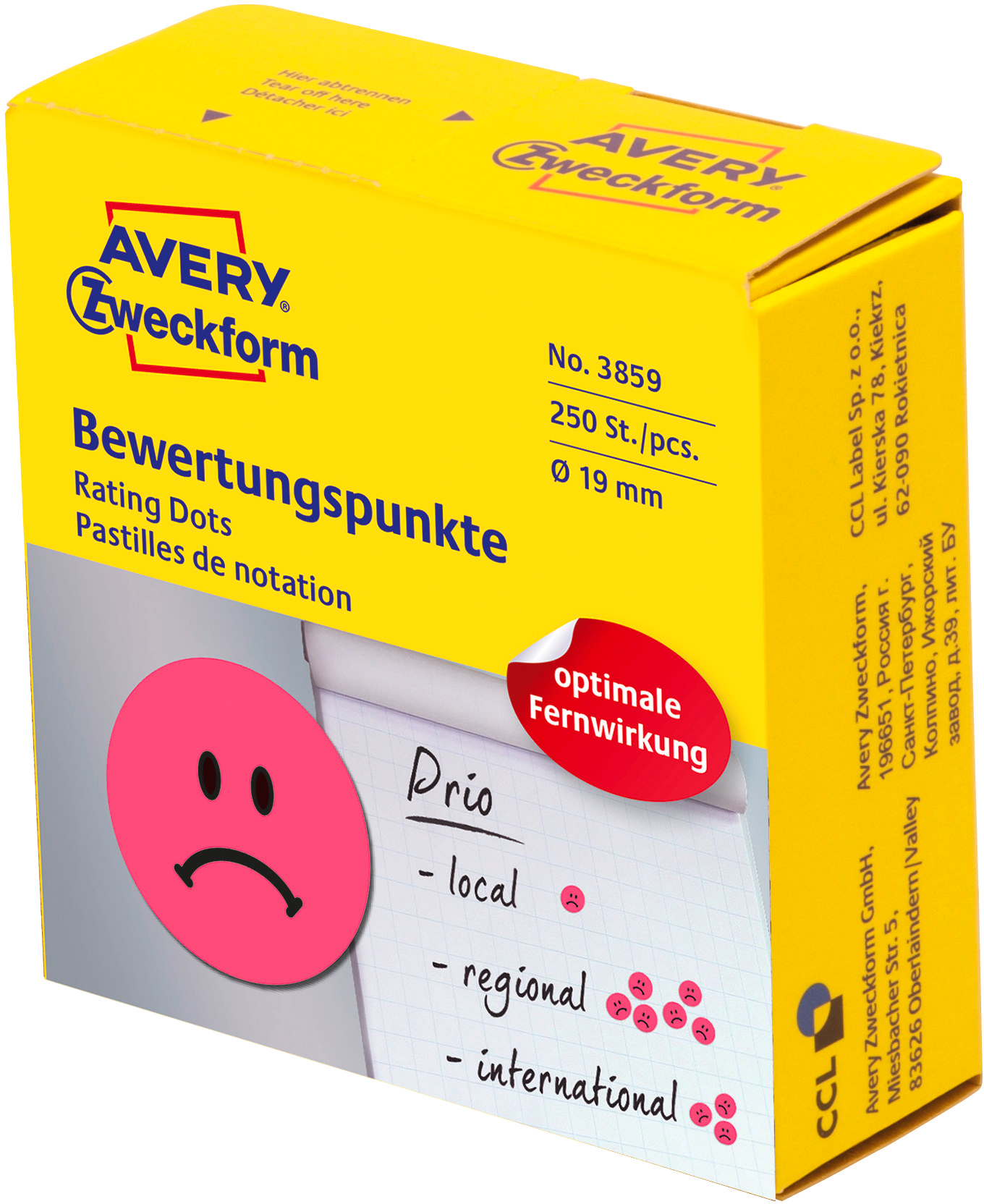 AVERY-ZWECKFORM-3859-4004182038598 AVERY ZWECKFORM Bewertungspunkte Gesicht 19mm 3859 rot, Spender 250 Stück – Hochwertig & günstig bei ShopDeca