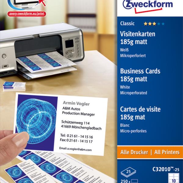 AVERY ZWECKFORM Visitenkarten Design 85x54mm C32010-25 MP, blanko, 185g 250 Stück