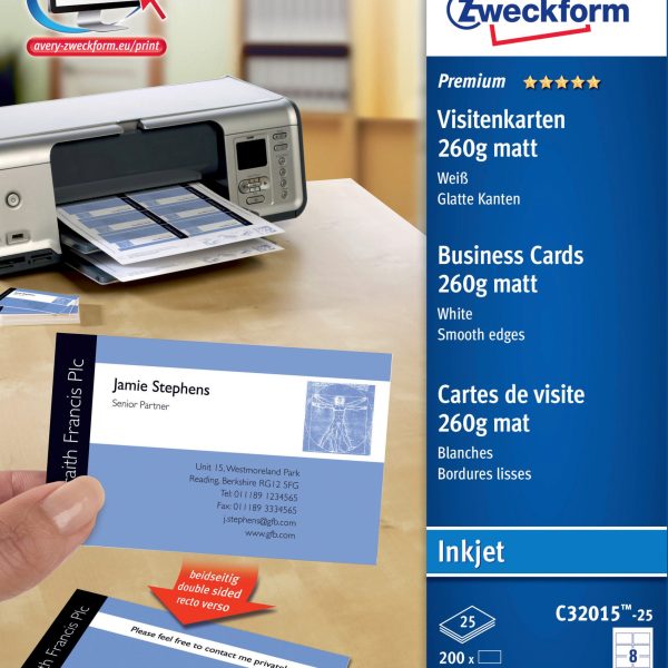 AVERY ZWECKFORM Visitenkarten 85x54mm/A4 C32015-25 weiss, matt, 260g 200 Stück