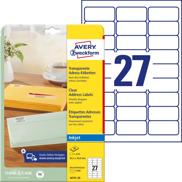 AVERY ZWECKFORM Etiketten 63,5x29,6mm J4721-25 transparent 675 Stück