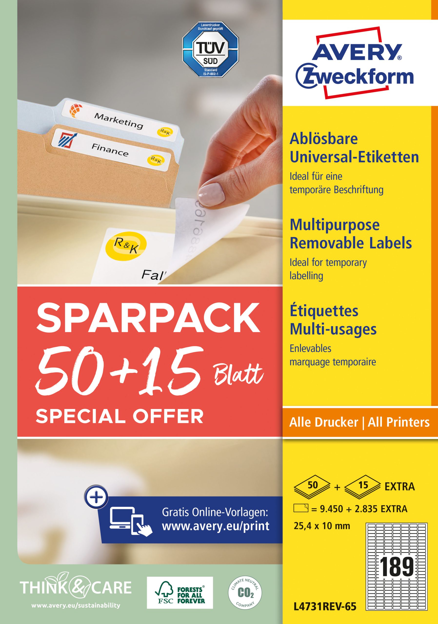 AVERY-ZWECKFORM-L4731REV-65-4004182347881 AVERY ZWECKFORM Universal-Etiketten 254x10mm L4731REV-65 weiss 50+15 Blatt – Hochwertig & günstig bei ShopDeca