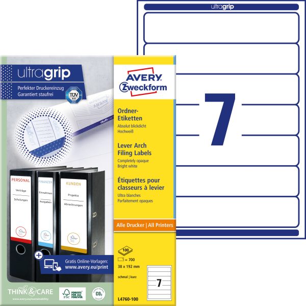 AVERY ZWECKFORM Ordner-Etiketten 38x192mm L4760-100 weiss 700 Stück/100 Blatt