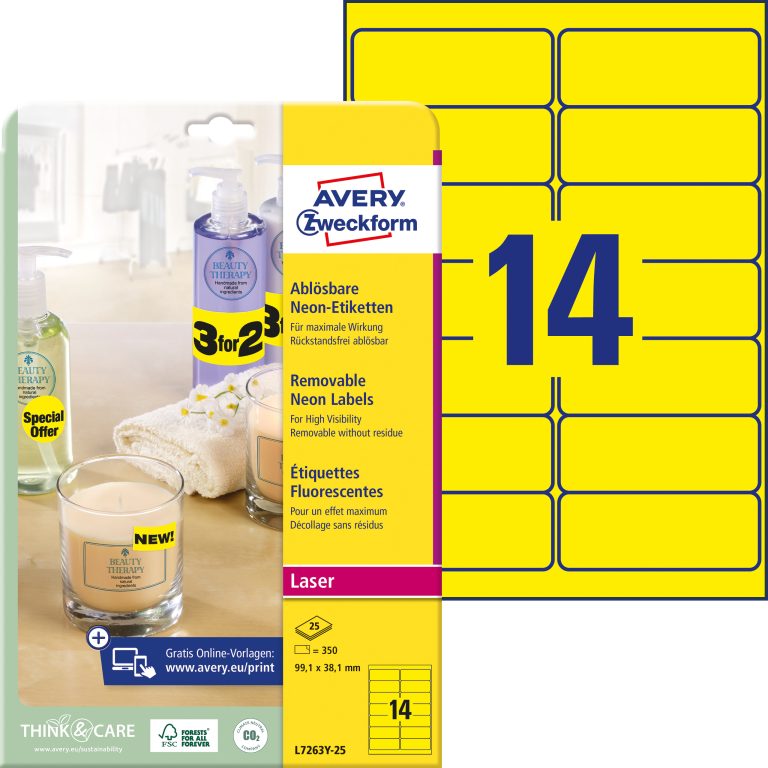 AVERY ZWECKFORM Etiketten 99,1x38,1mm L7263Y-25 gelb 350 Stück