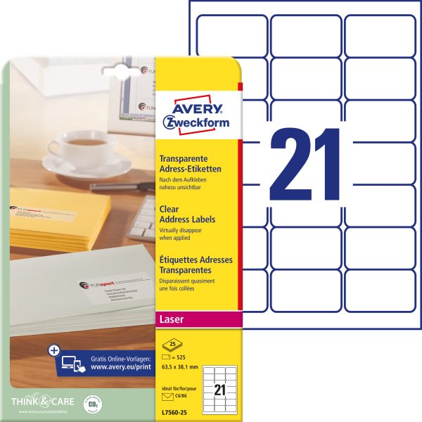 AVERY ZWECKFORM Adressetiketten 63,5x38,1mm L7560-25 525 Stück