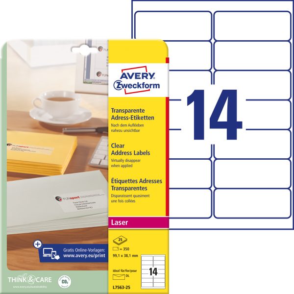AVERY ZWECKFORM Adressetiketten 99,1x38,1mm L7563-25 transparent 350 Stück