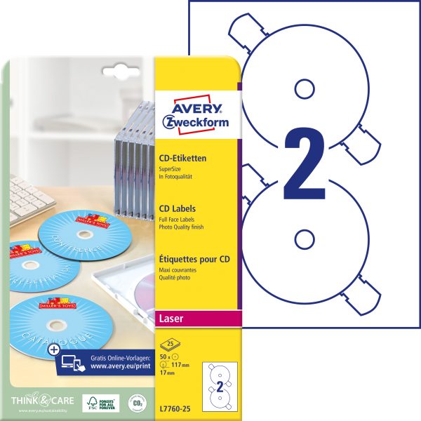 AVERY ZWECKFORM CD-Etiketten Supersize 117mm L7760-25 weiss, glossy 50 Stück