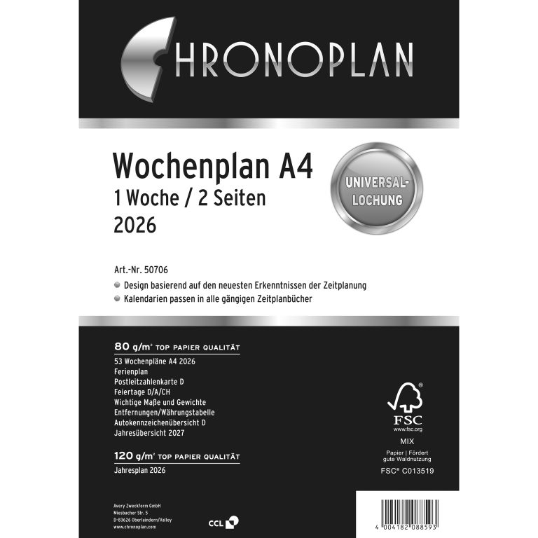 CHRONOPLAN Ersatz Wochenplan 2026 50706Z.26 1W/2S in Spalten A4