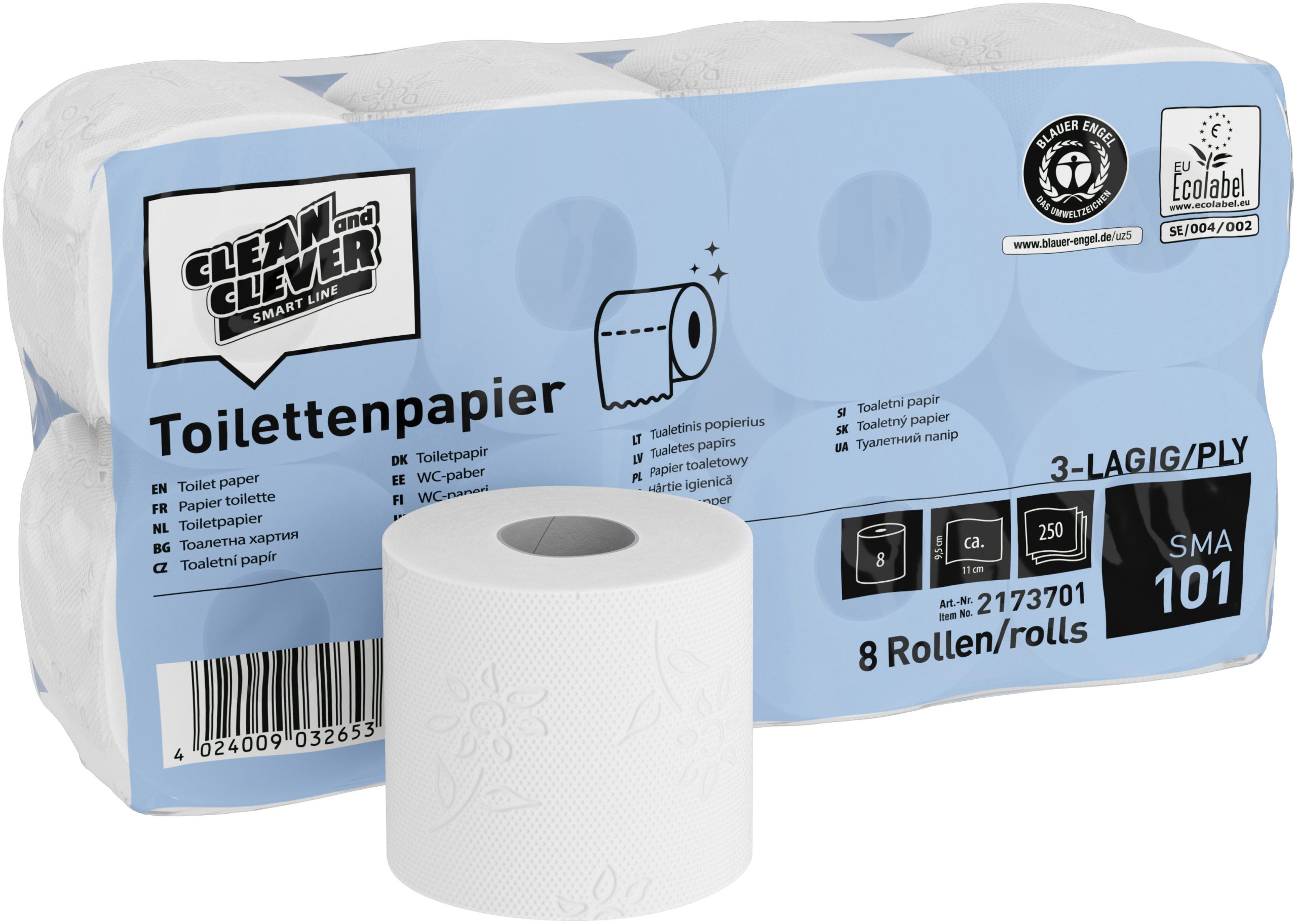 CLEAN-AND-CLEVER-P32660-4024009032660 CLEAN AND CLEVER WC-Papier 3-lagig 9.4x11cm P32660 weiss recycling 64 Rl.,250 Bl. – Hochwertig & günstig bei ShopDeca