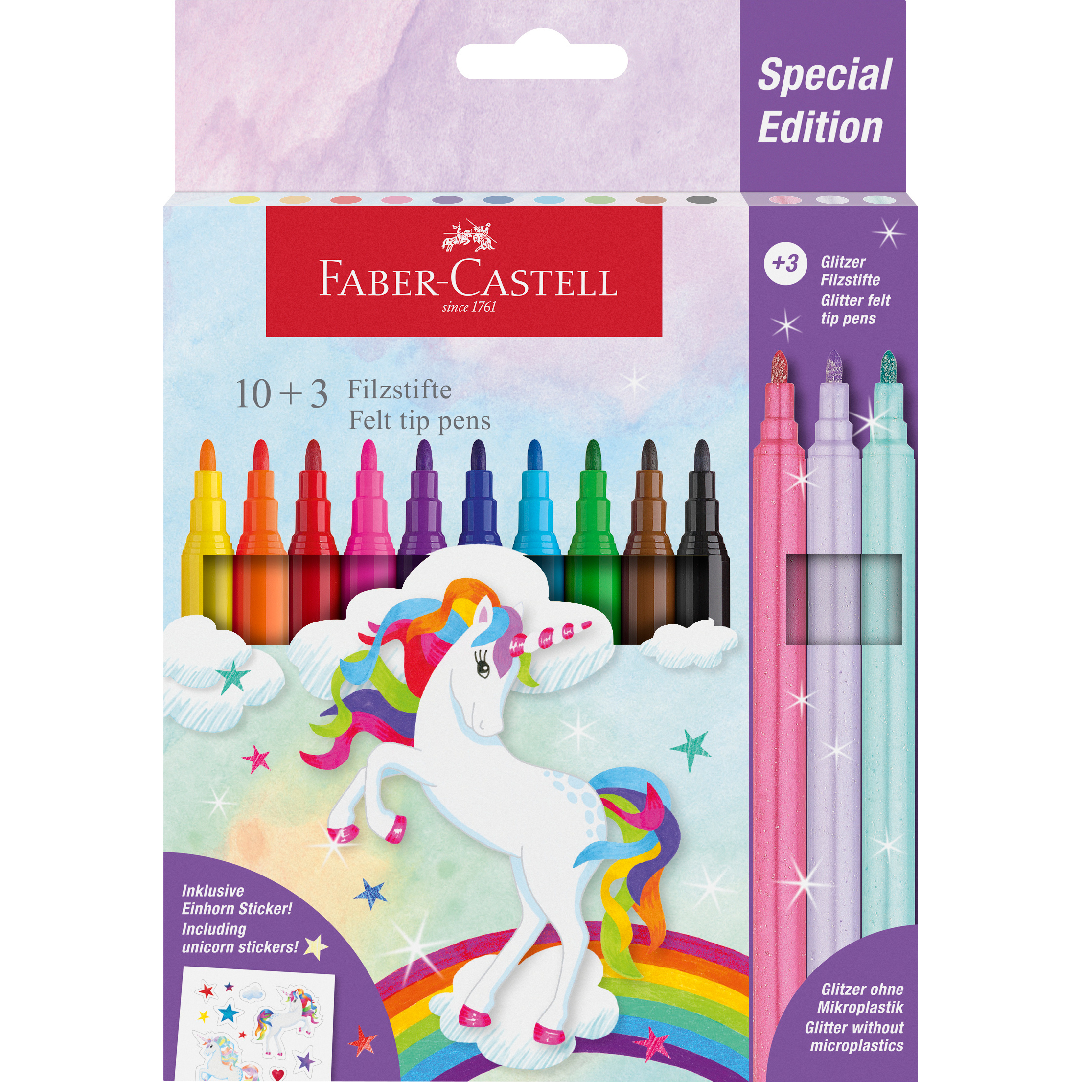 554213_Felt-tip pen unicorn, cardboard wallet of 13 incl. stickers FABER-CASTELL Filzstifte Einhorn 554213 inkl. Sticker 13 Stück – Hochwertig & günstig bei ShopDeca