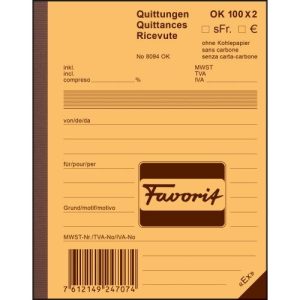 FAVORIT Quittungen A6 8094 OK rot/weiss,D/F/I,durchschreib.