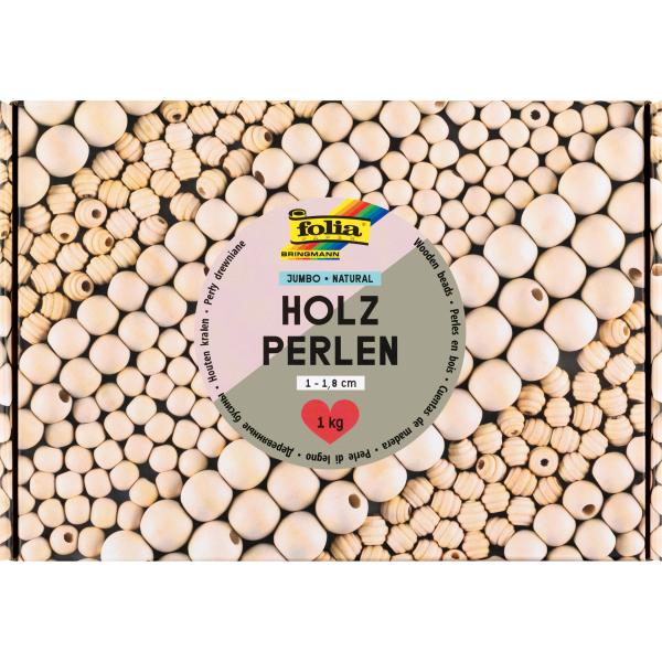 FOLIA Holzperlen natural 1000g 22991 Jumbo Pack, 1-1.8 cm