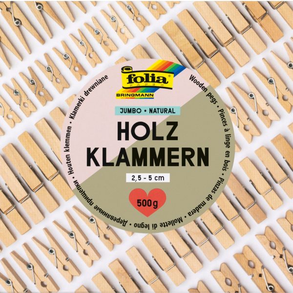 FOLIA Holzklammern natural 500g 22994 Jumbo Pack, 2.5-5 cm