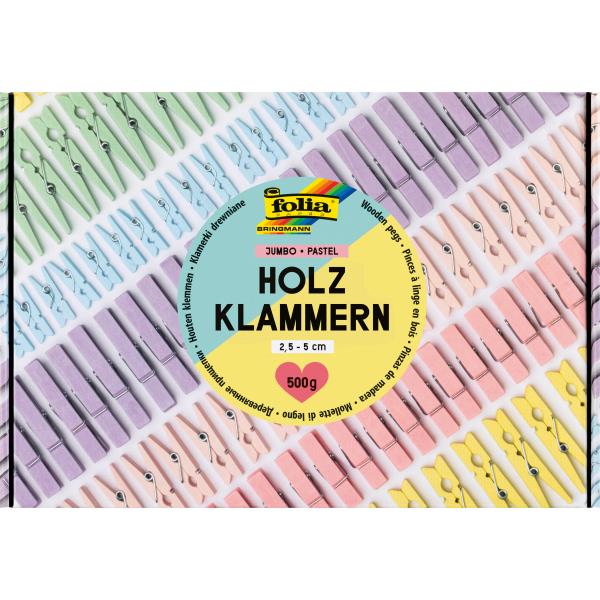 FOLIA Holzklammern pastel 500g 22996 Jumbo Pack, 2.5-5 cm