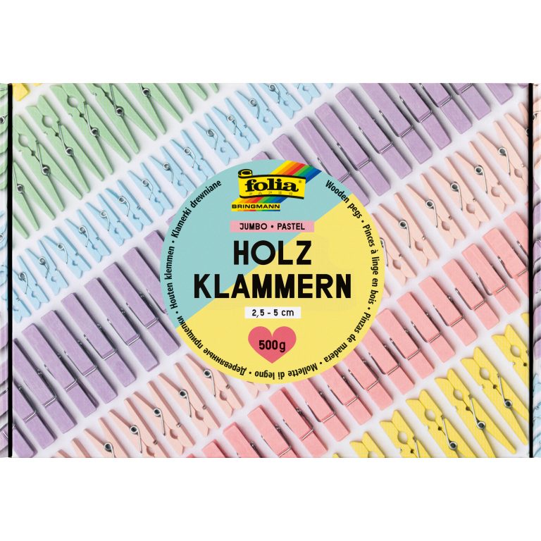FOLIA Holzklammern pastel 500g 22996 Jumbo Pack, 2.5-5 cm