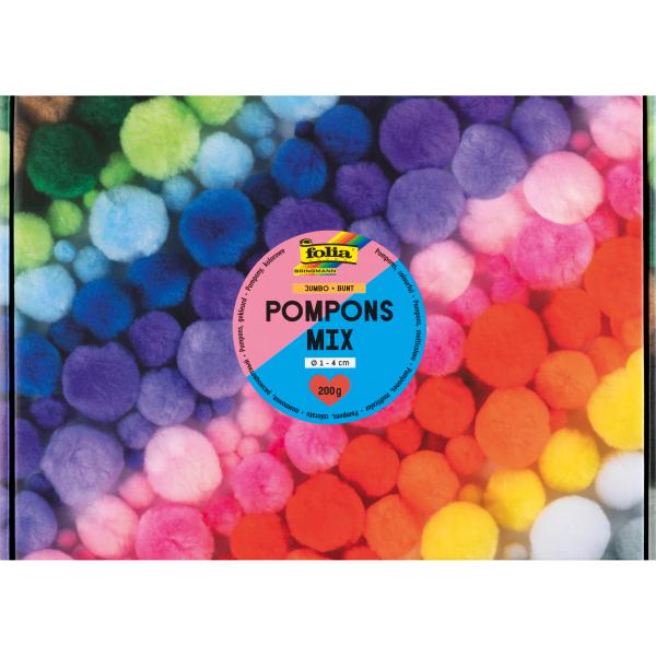 FOLIA Pompons Mix bunt 200g 50209 Jumbo Pack, 1-4cm