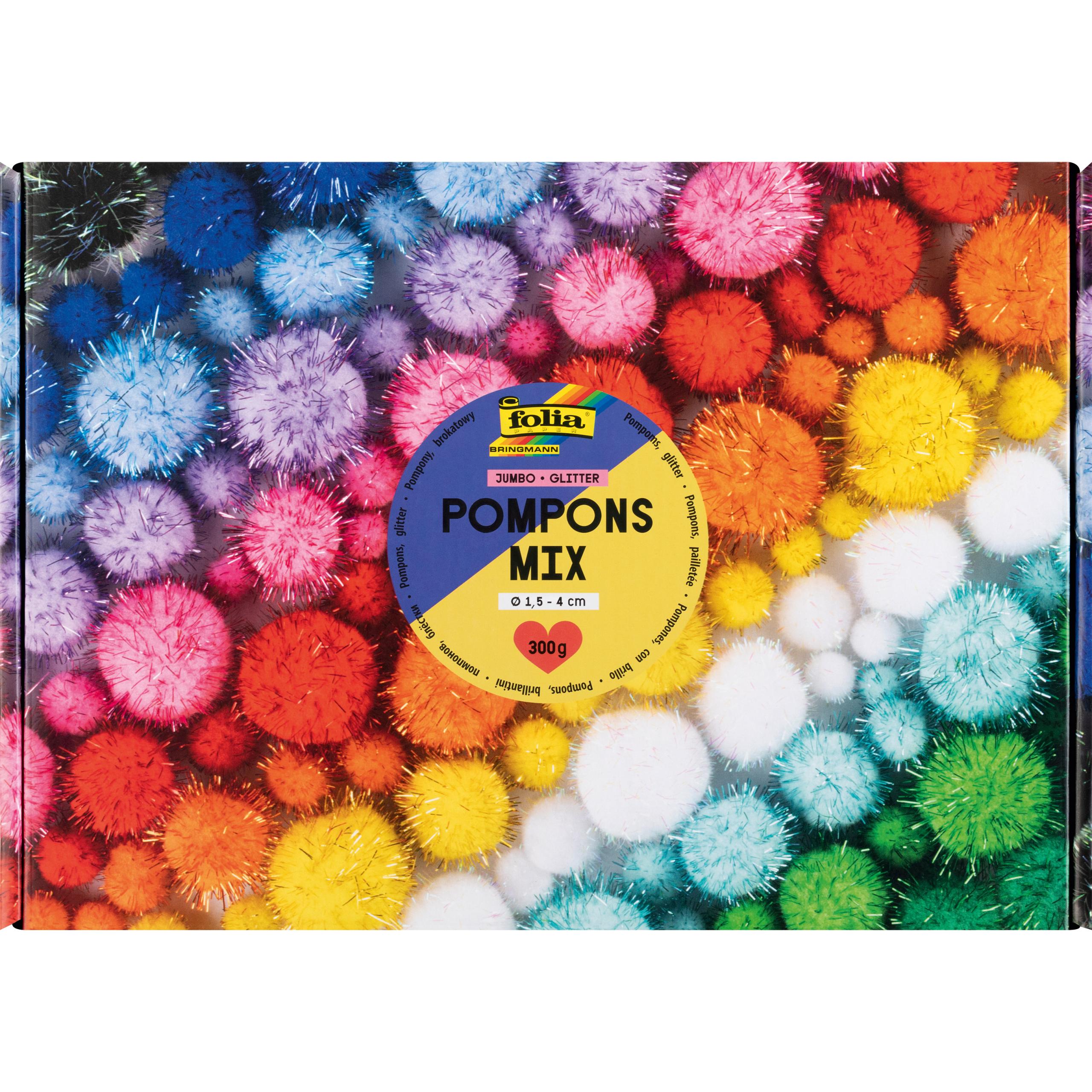 FOLIA-50339-4001868136494 FOLIA Pompons Mix glitter 300g 50339 Jumbo Pack, 1.5-4cm – Hochwertig & günstig bei ShopDeca