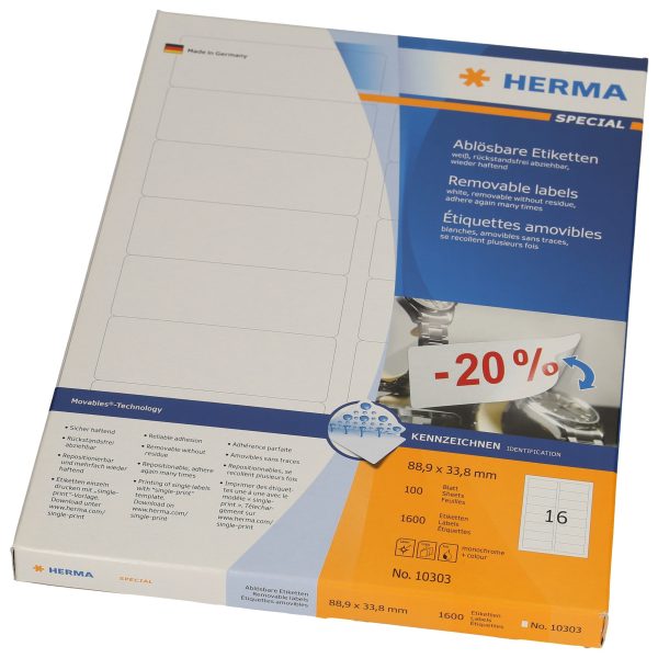 HERMA Etiketten 88.9x 33.8mm 10303 weiss 1600 Stück, 100 Blatt
