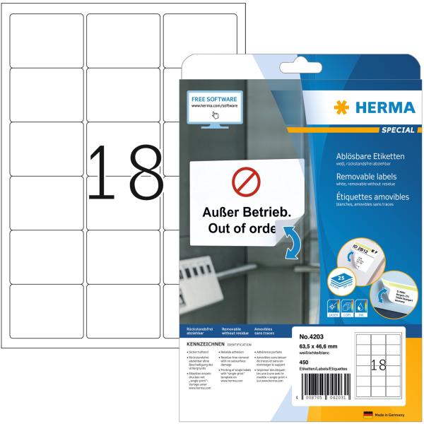 HERMA Etiketten Ablösbar 63,5x46,6mm 4203 weiss, non-perm. 450 St./25Bl.