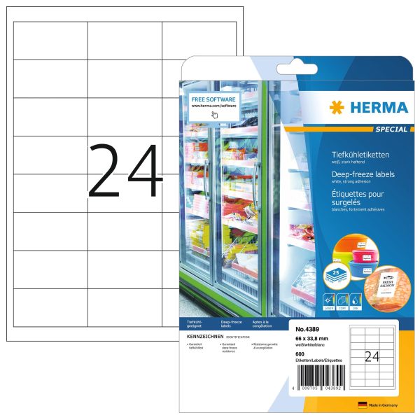 HERMA Tiefkühletiketten 66x33.8mm 4389 weiss,perm. 600 St./25 Bl.
