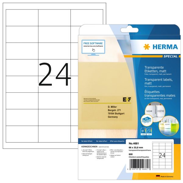 HERMA Etiketten Special 66×33,8mm 4681 transparent 600 Stück
