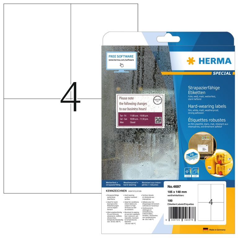 HERMA Spezialetiketten 105x148mm 4697 weiss, wetterfest 25Bl à 4 Et.