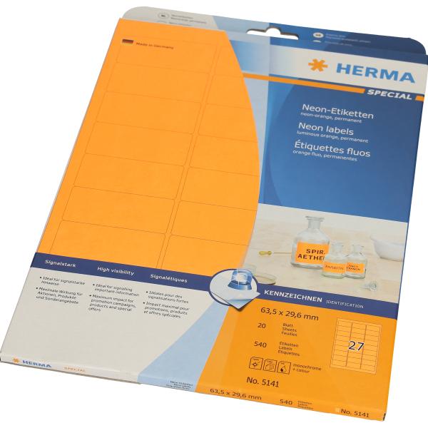 HERMA Etiketten 63.5x29.6mm 5141 neon orange 540 Stück/20 Blatt