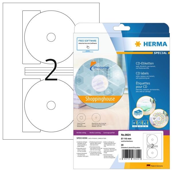 HERMA CD Etiketten weiss, Ø 116mm 8624 20 Stk. / 10 Blatt