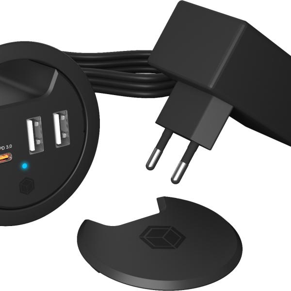ICY BOX In-Desk USB Hub 60 mm black IB-HUB1407 2x USB-A 10W PD 3.0 & QC 3.0