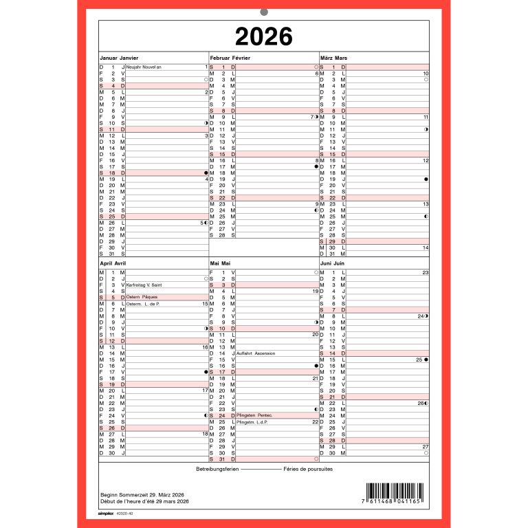 SIMPLEX Wandkalender 2026 4032040.26 6M/1S rot/weiss DE/FR A4 hoch