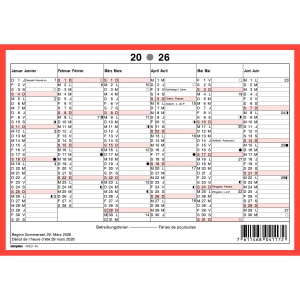 SIMPLEX Wandkalender 2026 4032140.26 6M/1S rot/weiss DE/FR A5 quer