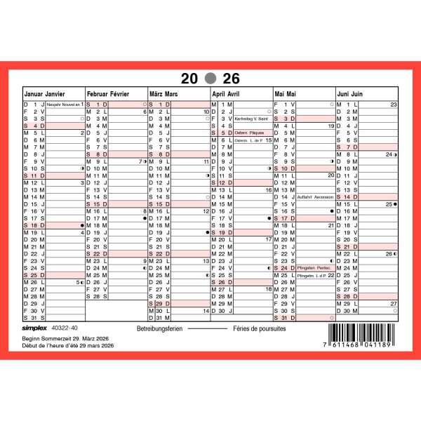 SIMPLEX Wandkalender 2026 4032240.26 6M/1S rot/weiss DE/FR A6 quer