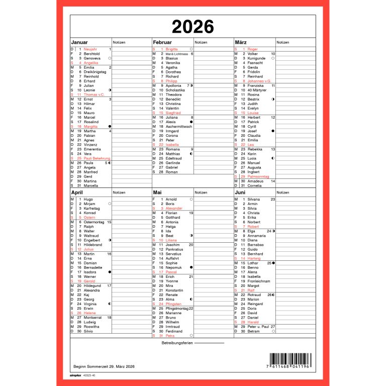 SIMPLEX Wandkalender m.Namenstag 2026 4032340.26 6M/1S rot/weiss DE A4 hoch