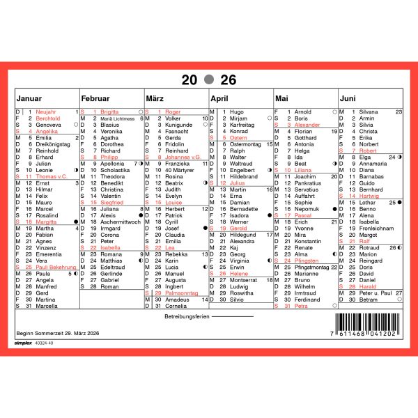 SIMPLEX Wandkalender m.Namenstag 2026 4032440.26 6M/1S rot/weiss DE A5 quer