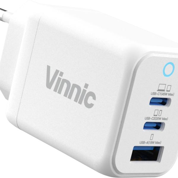 VINNIC FERNOW GaN 45W,Wallcharger VPCG-GA45WG1-EUWH 2x USB C, 1x USB-A, White