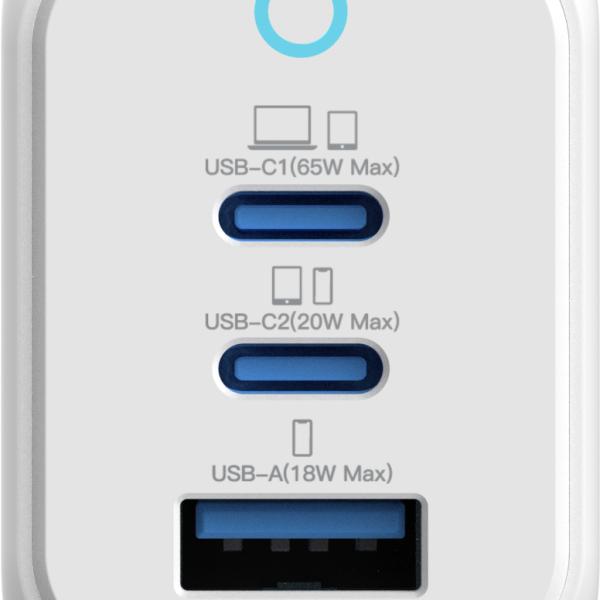 VINNIC FERNOW GaN 65W,Wallcharger VPCG-GA65WG1-EUWH 2x USB C, 1x USB-A, White